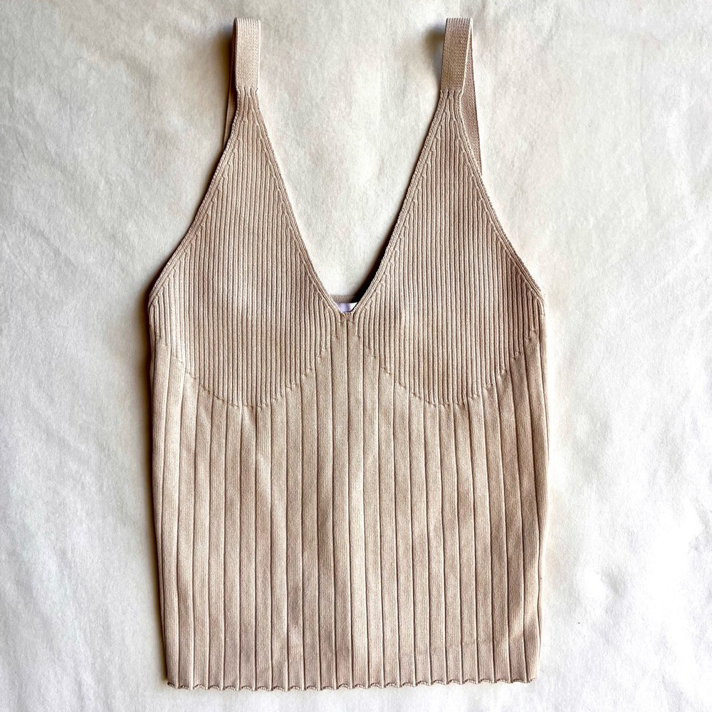 Zara Ribbed V-Neck Tank Top in Beige